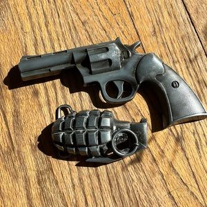 Revolver and Grenade belt buckles